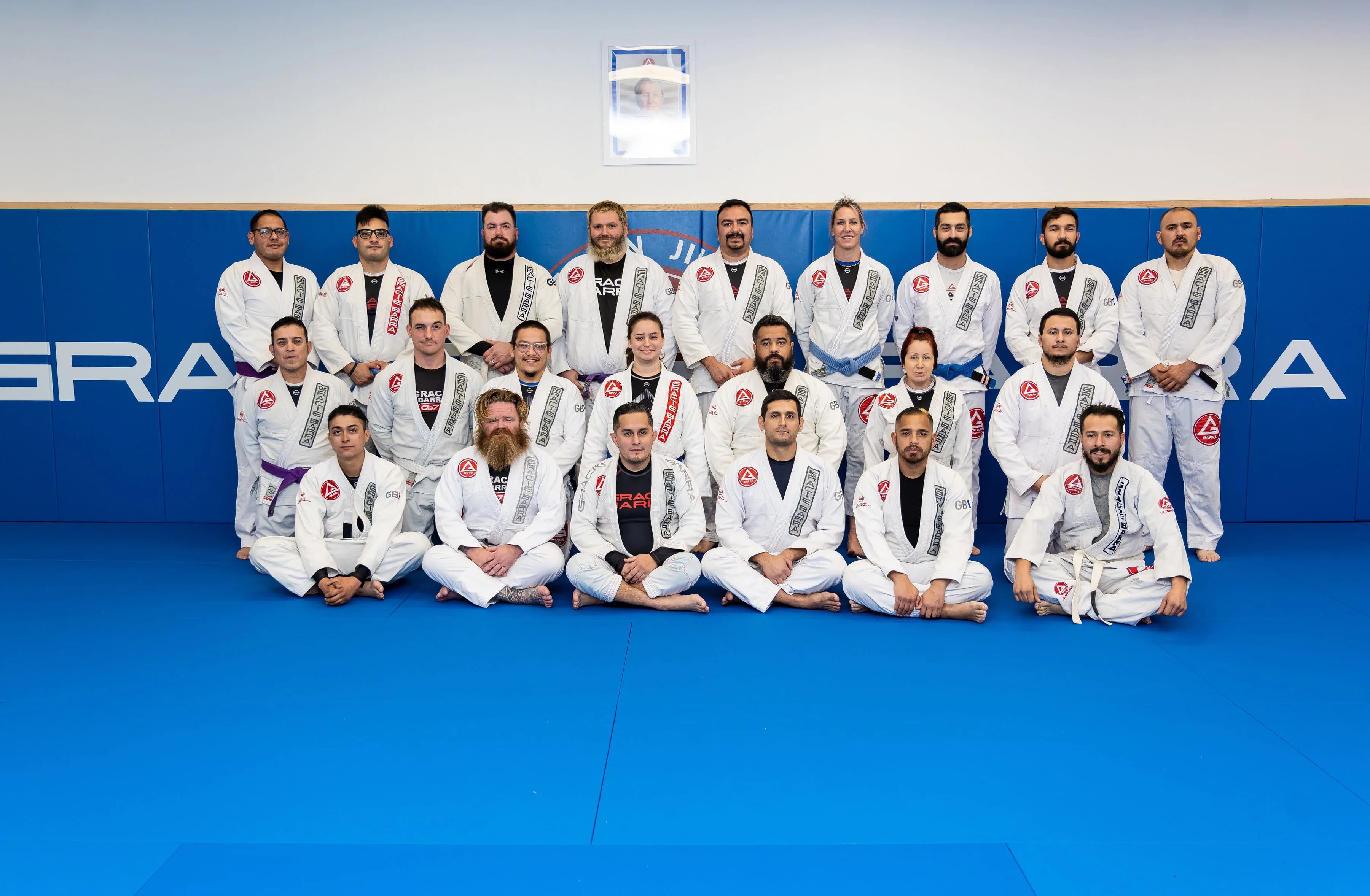 Adult Brazilian Jiu-Jitsu fundamentals class group at Gracie Barra Calallen